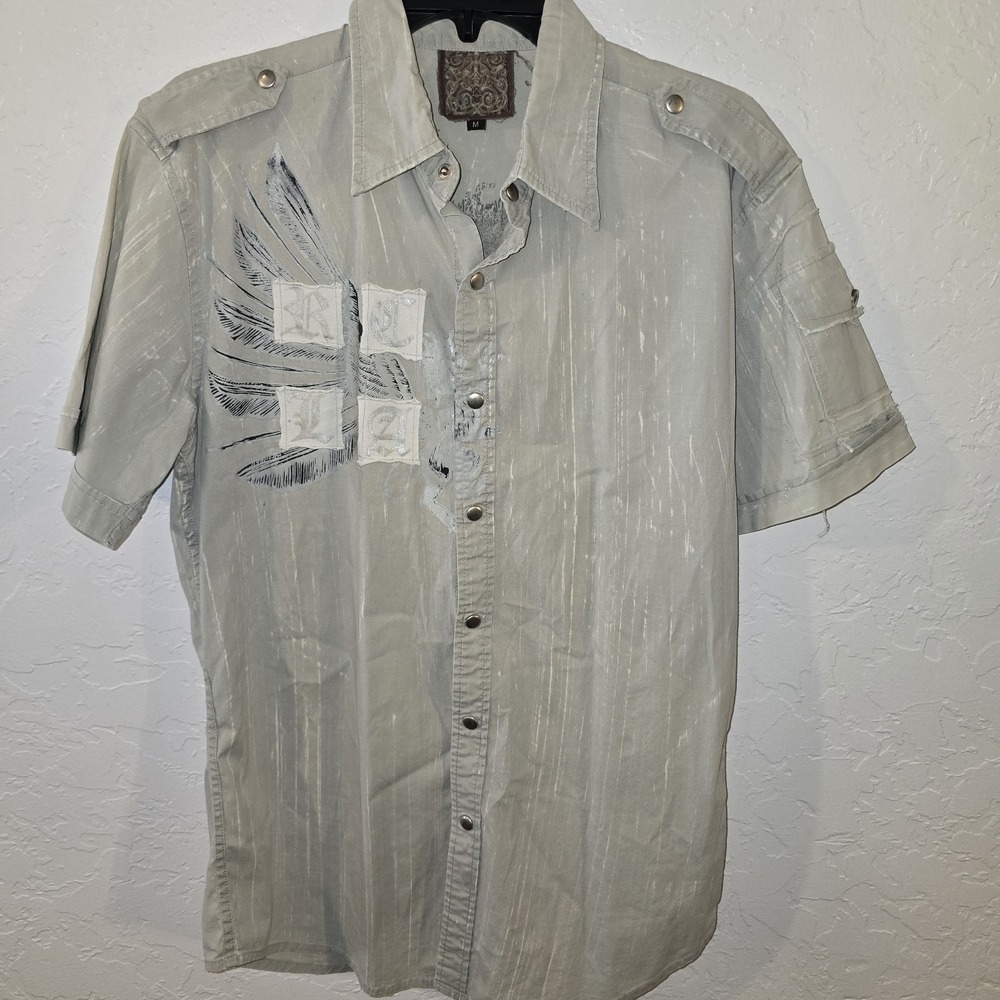 Roar Shirt Mens M Grey blue RCLA Patchwork metal Snap Short Sleeve shirt pockets
